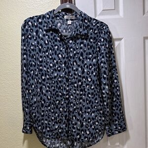 Leopard-Print Button-Down Blouse in Slate Blue
